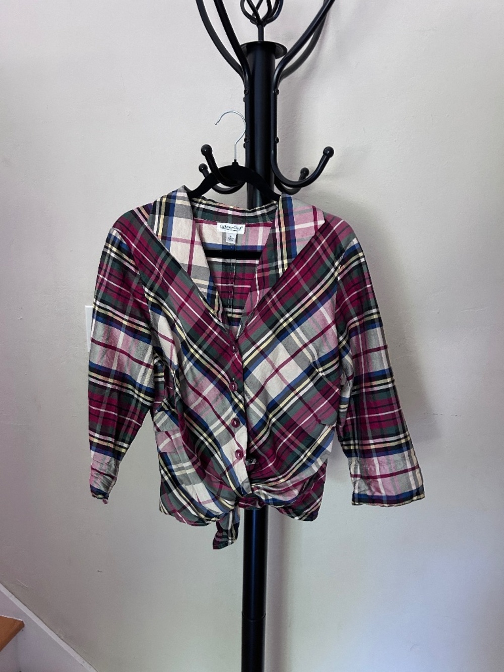100% Silk Button-Front Lightweight Soft Plaid Shirt Blouse